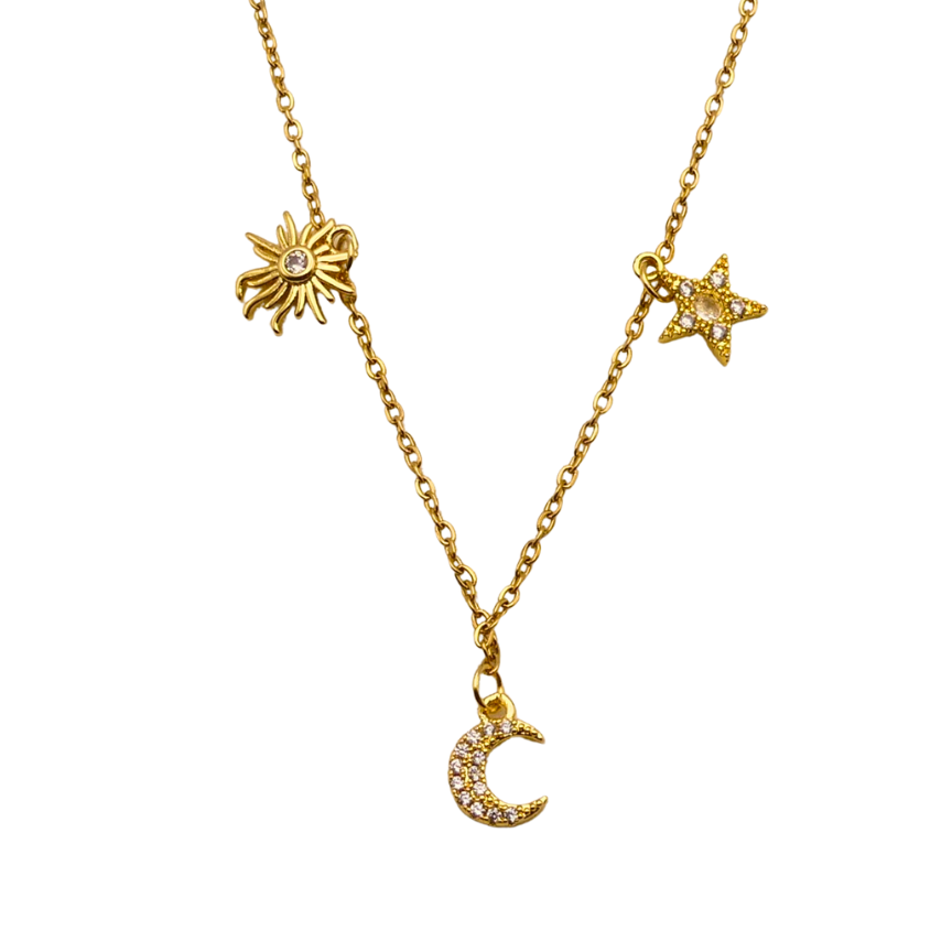 Gold Crystal Sun Moon and Star Necklace 20 No