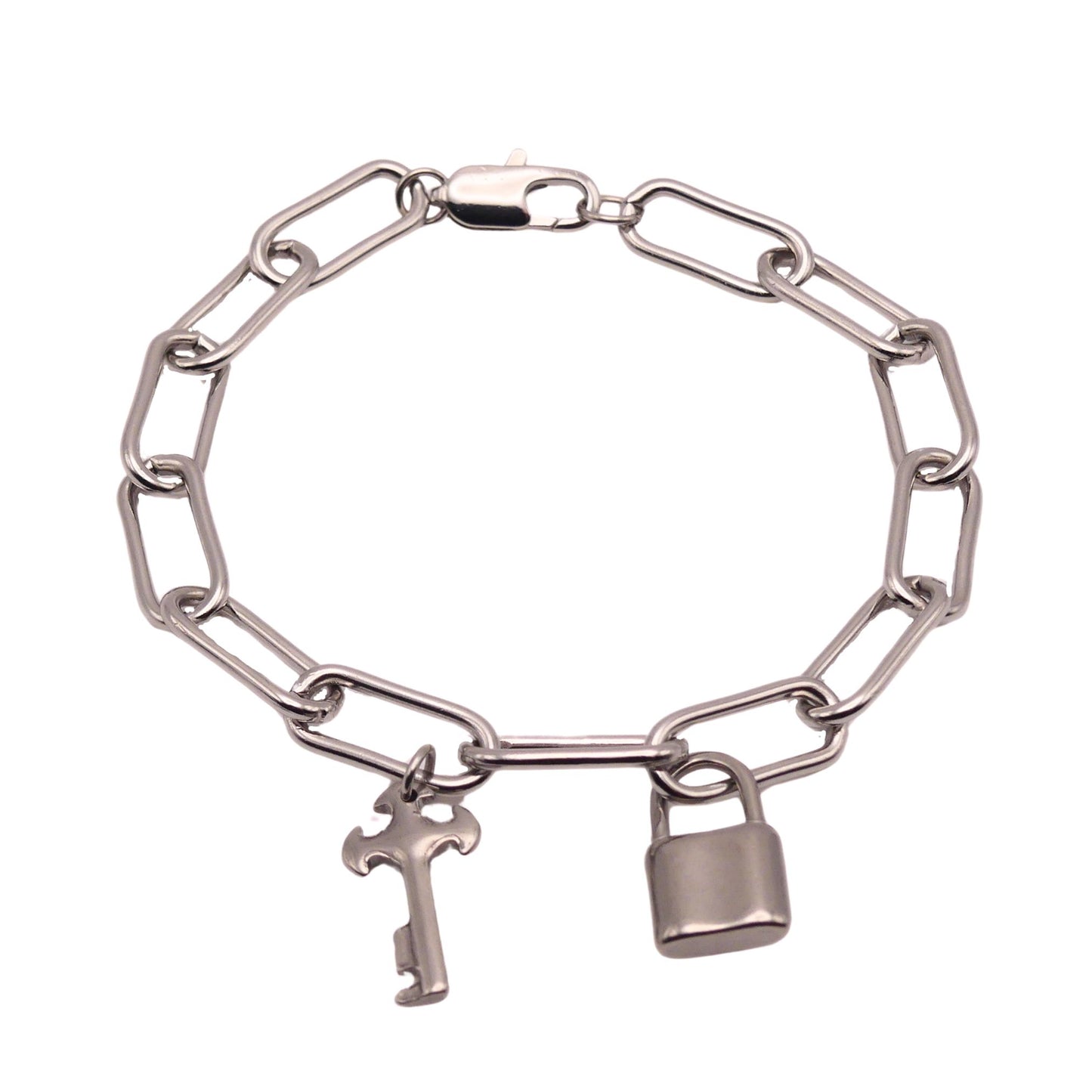 Silver Lock and Key Paperclip Chain Bracelet For Women