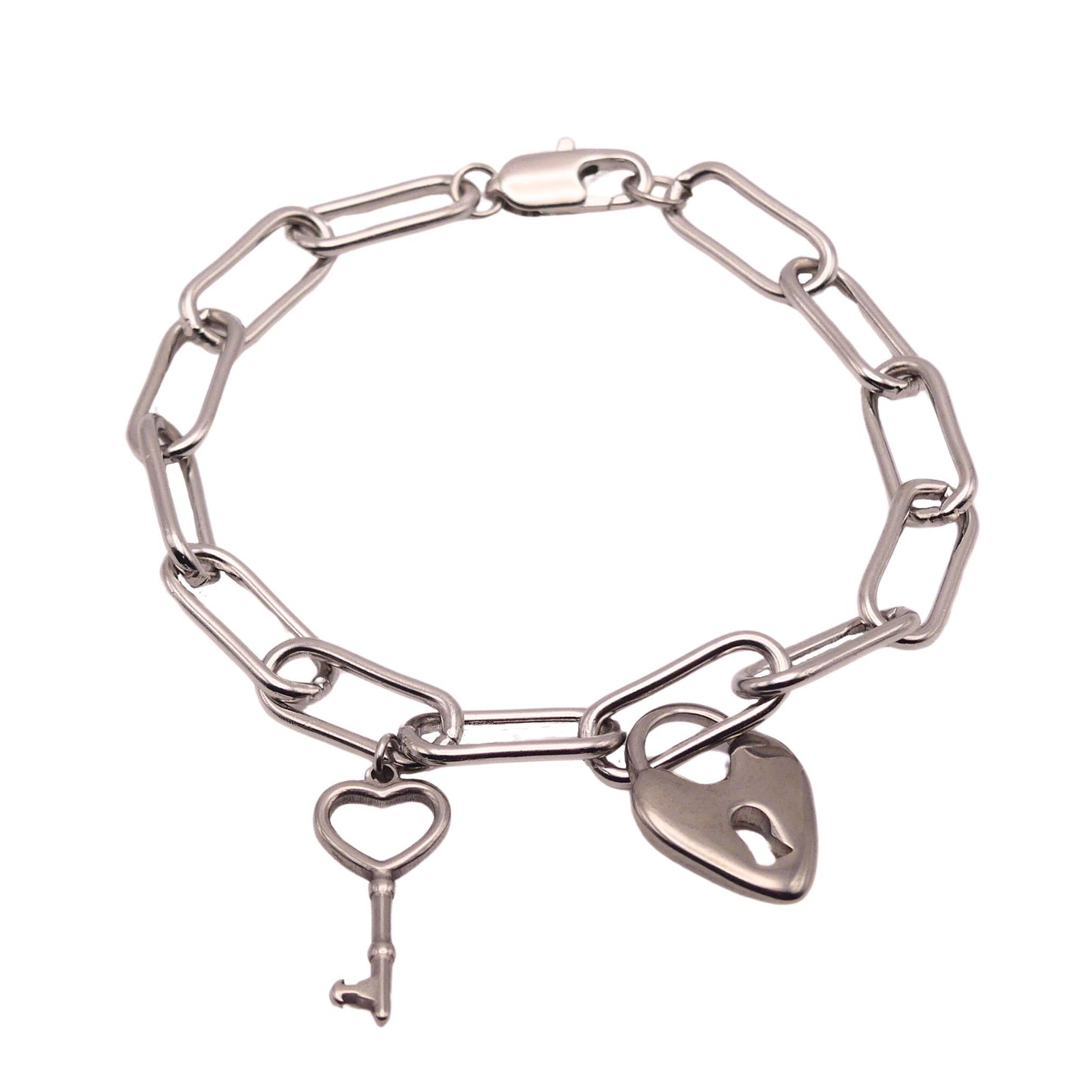 Silver Lock and Key Paperclip Chain Bracelet For Women