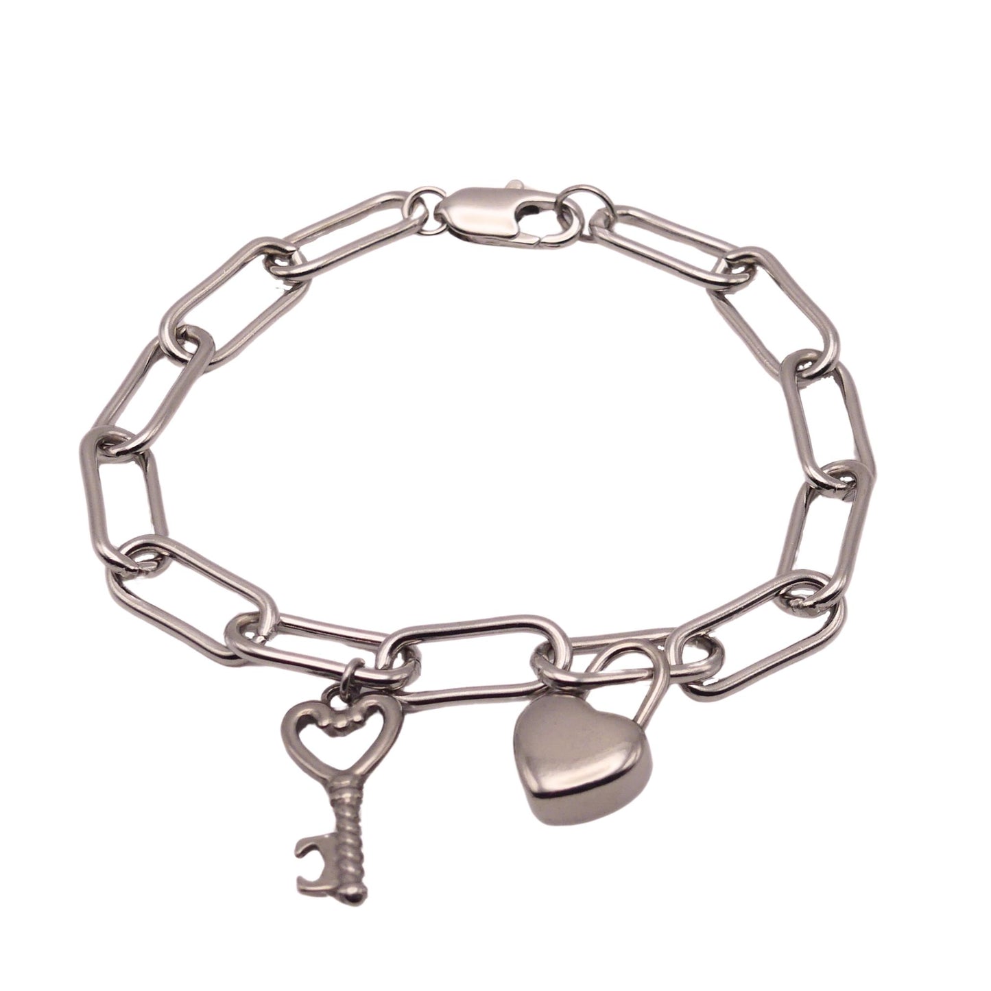 Silver Lock and Key Paperclip Chain Bracelet For Women