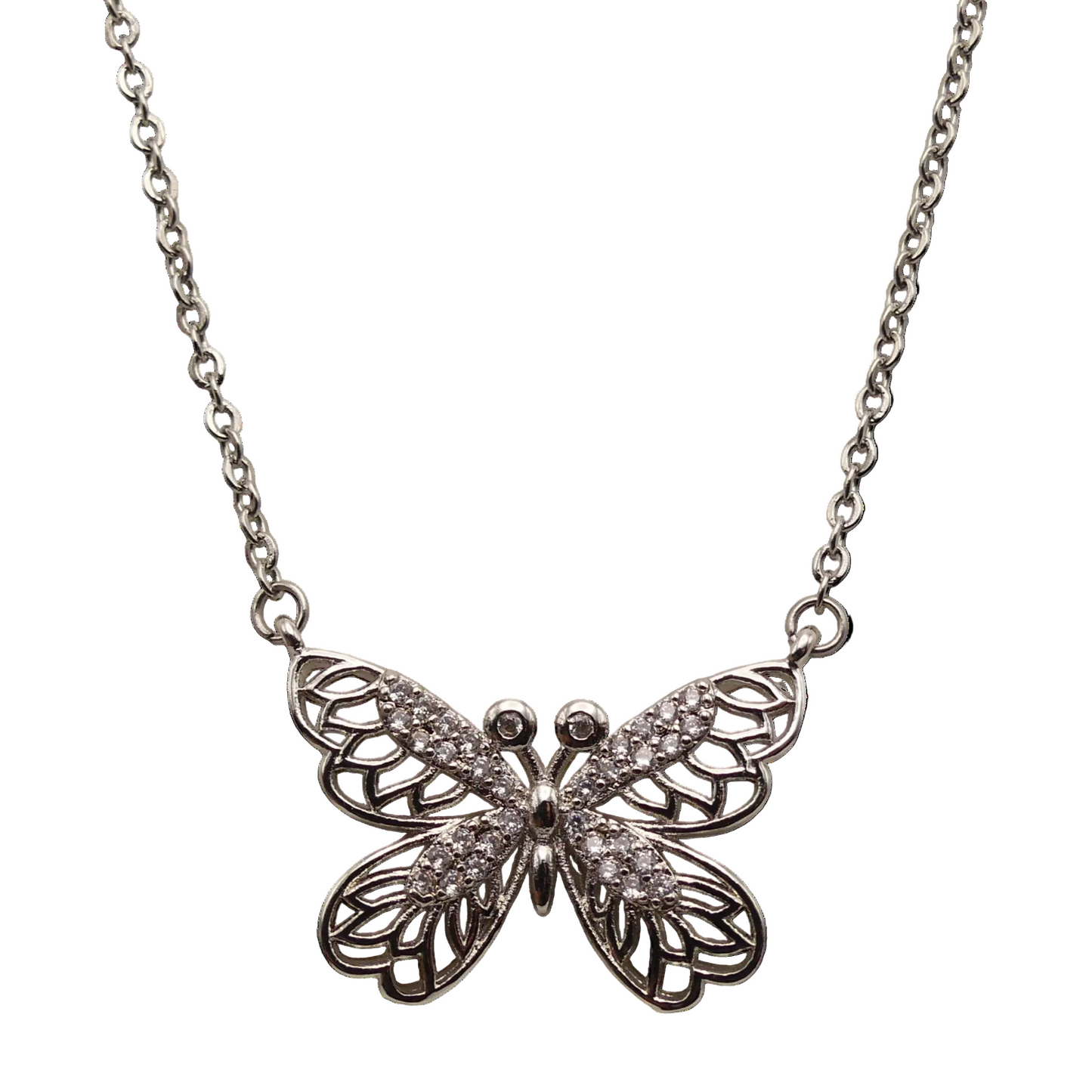 Silver Crystal Butterfly-shaped pendant necklace on a white background