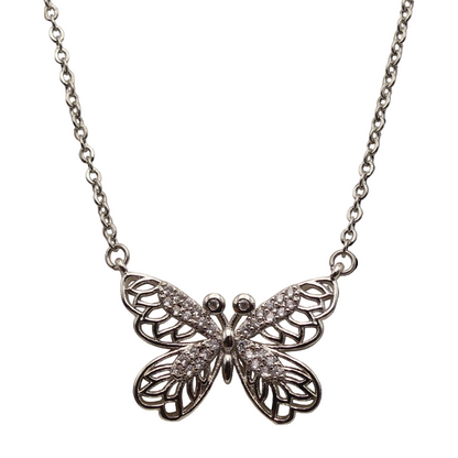 Silver Crystal Butterfly-shaped pendant necklace on a white background
