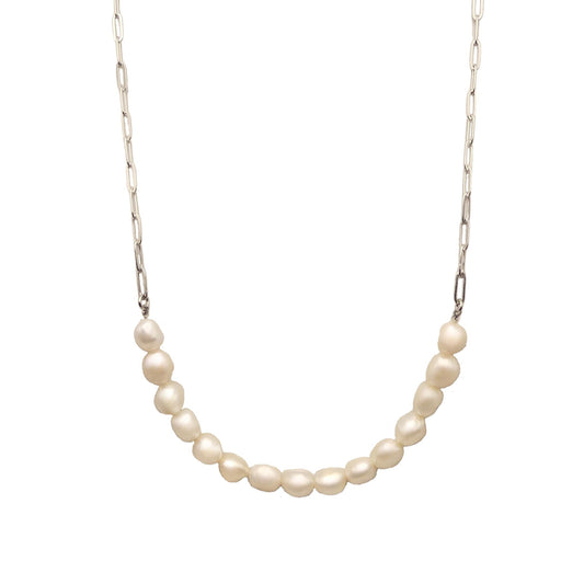 Pearl Silver Paperclip Chain Necklace For Women