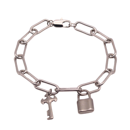 Silver Lock and Key Paperclip Chain Bracelet For Women 