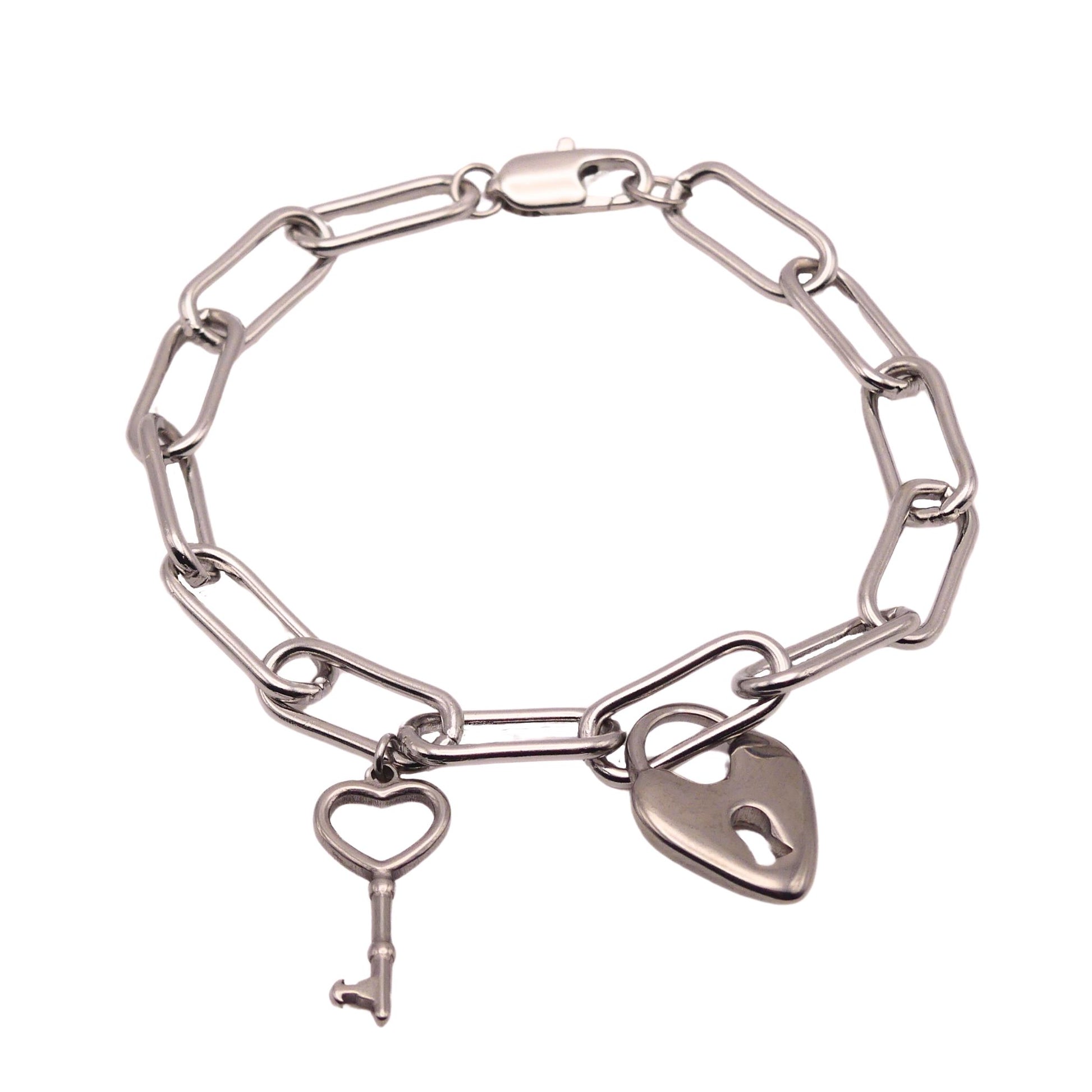 Silver Lock and Key Paperclip Chain Bracelet For Women 