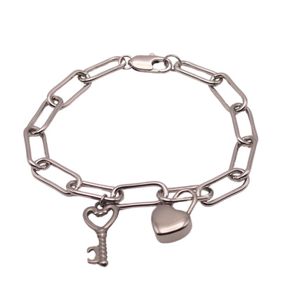 Silver Lock and Key Paperclip Chain Bracelet For Women 