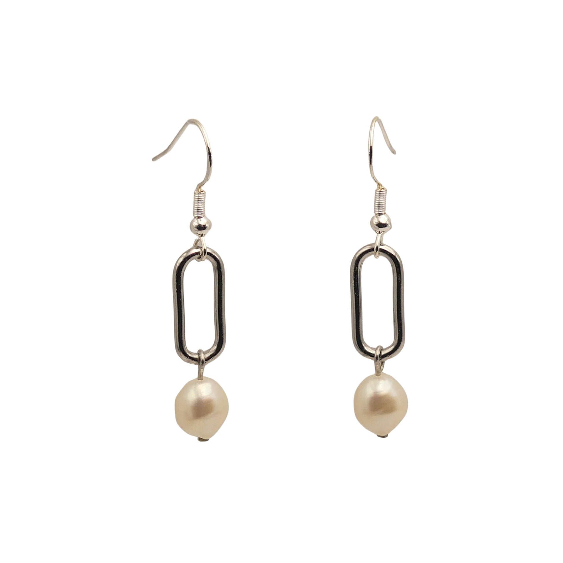 Silver Pearl Link Drop Earrings For Women