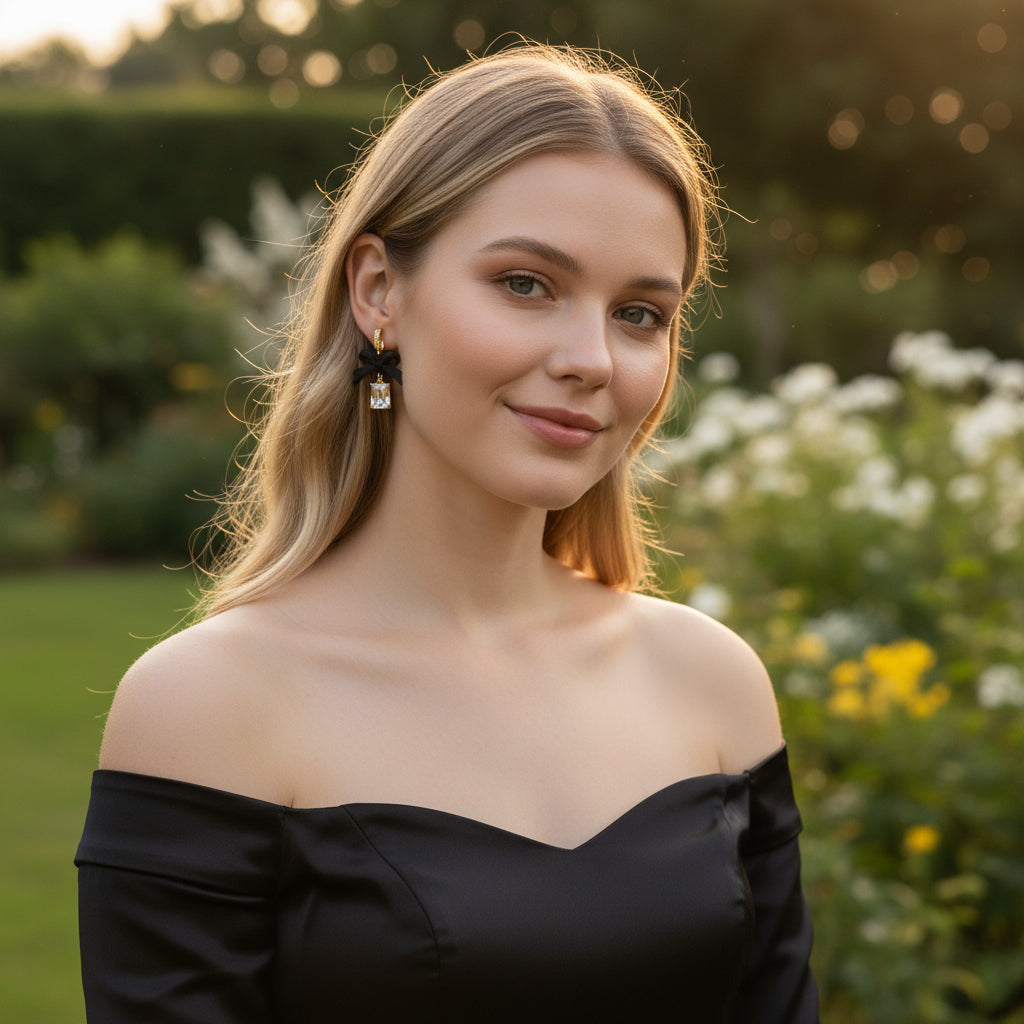 Woman wearing elegant crystal bow cubic zirconia drop pendant earrings and off-the-shoulder black dress